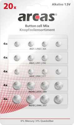 Produktbild von Arcas Knopfzellensortiment 20-teilig AG Alkaline Knopfzellen 1,5V (4x AG1 / 4x AG3 / 4x AG4 / 4x AG10 / 4x AG13) 127 52000
