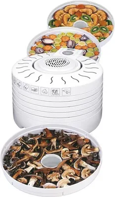 A white food dehydrator with multiple trays filled with various foods, including mushrooms, vegetables, and dried fruits.