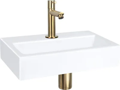 Obrázok produktu pre Differnz Plochá umývadlová súprava 38x24x7 cm - Keramické umývadlo s batériou - Priama batéria na studenú vodu matná zlatá - So sifónom a odtokom - Umývadlo na WC pre hostí - Obdĺžnikové biele