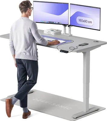 Image de Desktronic HomePro Bureau électrique réglable en hauteur 160x80cm gris/gris avec fonction mémoire, technologie anti-collision, ports de chargement USB-A et USB-C