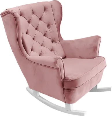 A pink upholstered rocking chair with white rockers, shown from a three-quarter angle against a white background.