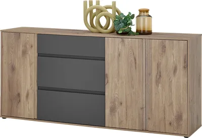 Produktbild von Sideboard - 186 x 85 cm - 3 Türen - 3 Schubladen - Viking Eiche Nachbildung - Grau matt