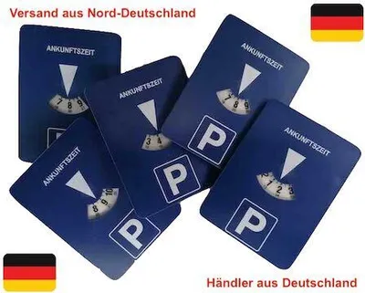 Several blue parking discs are scattered on a white background, with German flag colors and text overlays.