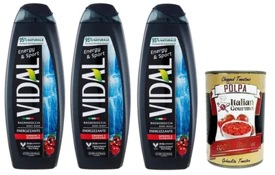 Produktbild von 3x Vidal Energy & Sport Bagnodoccia Duschgel mit Ginseng und Guarana,500ml + Italian Gourmet Polpa di Pomodoro 400g Dose