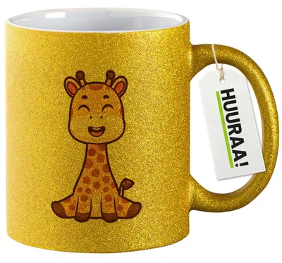 Produktbild von Huuraa Glitzertasse Giraffe Comic 330ml Gold Keramik Kaffeebecher Geschenkidee