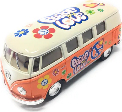 A toy model of a Volkswagen T1 bus, decorated in a retro "Peace and Love" theme with flowers and peace signs.
