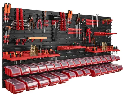 Obrázek produktu pro Nástěnná police s 30 úložnými boxy a víky na nářadí, 178 x 78 cm
