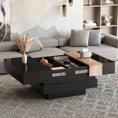 Produktbild von Merax quadratischer Couchtisch ausziehbar mit versteckter Stauraum, Wohnzimmer Beistelltisch Farbblock-Design mit Hochglanz Tischplatte, Schwarz