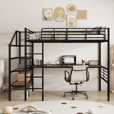 Produktbild von Hochbett mit Schreibtisch und LED-Beleuchtung 90x200 cm, Metallbett mit Rausfallschutz, Jugendbett
