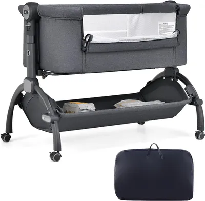 Produktbild von GOPLUS Baby Beistellbett, Babywiege mit Matratze, Tragetasche & Aufbewahrungskorb, 7-Fach höhenverstellbares Babybett, bis 9 kg Belastbar, Grau