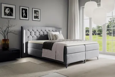 Obrázek produktu pro Vysoká manželská postel 180x200 ELIANE s LED osvětlením - šedá + topper