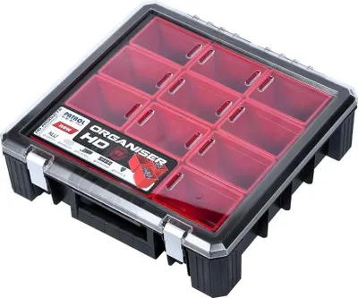 A black and red organizer box with multiple compartments is shown from a slightly elevated angle.