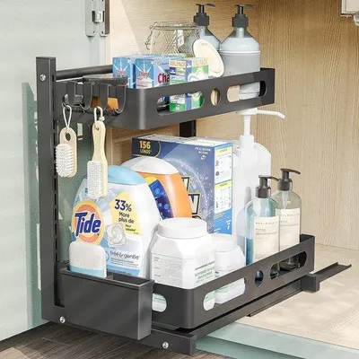Produktbild von Famanu Gootsteenorganizer mit 2 Ebenen - Platzsparende Küchen- und Badezimmerorganisation - Multifunktionales Regal in Schwarz