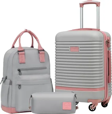 Imagen del producto de Maleta con ruedas, carcasa rígida de ABS, con cerradura TSA, incluye 1 mochila de viaje y 1 neceser, color gris/rosa. Set de equipaje de mano de 3 piezas, ideal para viajes, con un diseño elegante