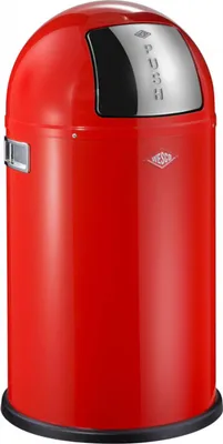 A red Wesco Mülleimer Pushboy trash can is shown against a white background.