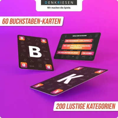 Marketing image for a card game, showing game cards with letters and categories.