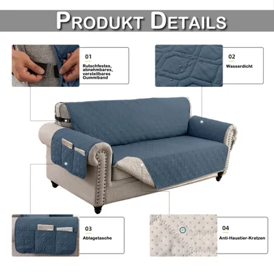 Produktbild von Sofa Bezug Wasserdicht 1/2/3-Sitzer Rutschfest Seitentaschen Band Silikonpunkt, Sofa Überzug Kratzfest,Sofaschoner Geometrisch (Blau,3-Sitzer)