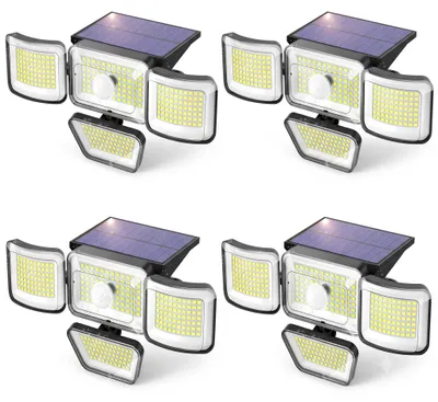 Image de Lampes solaires d'extérieur - Appliques murales LED - Lot de 4 avec 278 LED - Détecteur de mouvement - Étanches IP65 - Télécommande - 4 têtes de lampe réglables - 3000 lumens