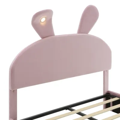 Produktbild von Merax Polsterbett 140x200 cm mit LED-Hasenohren und hydraulischem Bettkasten, Doppelbett mit Stauraum und 2 Aufbewahrungshockern, Samt Pink