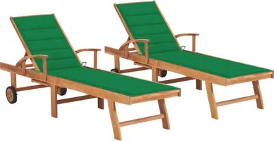 Produktbild von Sonnenliegen 2 Stk. mit Auflagen Grün Massivholz Teak