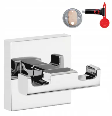 Image de Crochet double pour serviettes, chromé – Crochet de salle de bain à double fixation, pour montage mural sans perçage, avec solution autocollante – 60 mm x 50 mm x 44 mm