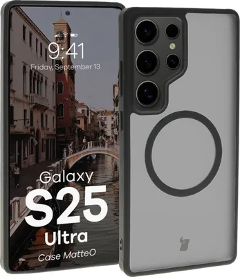 Produktbild von Bizon Case MatteO Magnetische Ringhülle für Galaxy S25 Ultra, halbtransparent mit schwarzem Rahmen