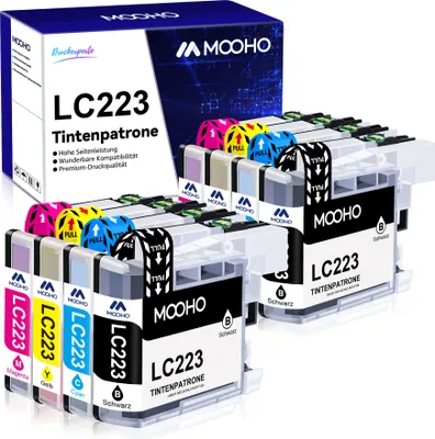 A box of printer ink cartridges and several cartridges are displayed.