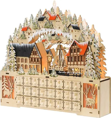 Calendrier De L'Avent En Bois Réutilisable - 24 Tiroirs + 5 Lumières LED - Décoration Noël - À Remplir De Friandises, Notes - Dimensions 26,6x6x30 Cm