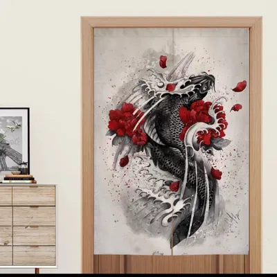 Produktbild von Fine Asianliving Japanische Noren Türvorhänge Koi-Fisch Schwarz B80xH130cm