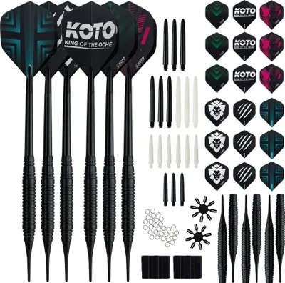 Produktbild von KOTO - 2 KOTO Black Brass Softdarts + 90 Stücke Zubehör, 23 G, Soft Tip Dartpfeile Incl. Flightschoner, O-Ringe & Spitzenhalter