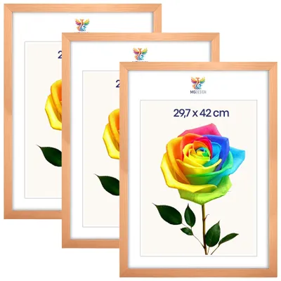 Obrázek produktu pro MG Design, sada 3 kusů rámečků na obrázky, přírodní barva, formát A3 (29,7 x 42 cm) - rámy na plakáty z masivního dřeva s akrylovým sklem, stabilní upevnění na zeď, možnost vertikálního i horizontálního zavěšení