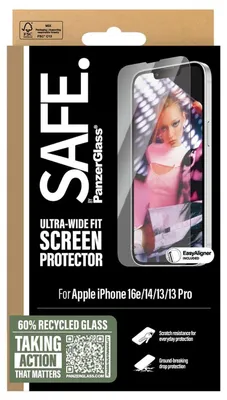 Produktbild von PanzerGlass SAFE. by ® Displayschutz iPhone 17e | 16e | 14 | 13 | 13 Pro | Ultra-Wide Fit m. EasyAligner, Apple, Apple - iPhone 13, Apple - iPhone 13 Pro, Apple - iPhone 14, Apple - iPhone 16e, Apple - iPhone 17e, Trockene Anwendung, Kratzresistent, Schockresistent, Transparent, 1 Stück(e)