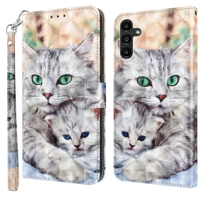 A collage of a phone case with a cat and kitten design, showing both the front and back of the case.