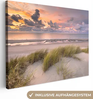 Produktbild von MuchoWow® - Leinwandbilder - Sonnenuntergang - Düne - Strand - Pflanzen - Meer, Wandbild, Wanddeko Bilder Wohnzimmer, 40x30 cm