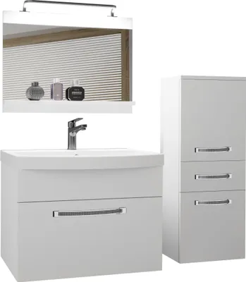 Produktbild von BELINI Badmöbel Vollausstattung Set Waschbeckenschrank, kleiner Schrank, Waschbecken, Spiegel, Lampe  (Weiß, Matt)