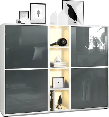 Produktbild von Vladon Highboard Cuba V3, Germany, Weiß matt/Grau Hochglanz inkl. LED - Moderne Anrichte mit 12 Fächern (130,5 x 105,5 x 35,5 cm)