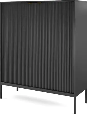 A black cabinet with ribbed doors and gold handles, standing on thin black legs.