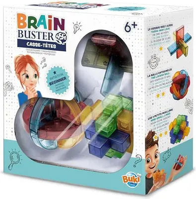 The image shows the retail packaging of a Brain Buster puzzle game for beginners. The box is predominantly white with colorful branding and illustrations. Inside the clear plastic window, the puzzle pieces and the assembled puzzle are visible.