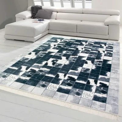 Produktbild von Kuhfell Imitat Teppich Patchwork in Schwarz Grau Weiß Größe - 80 x 300 cm