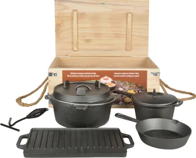 Produktbild von Dutch Oven 7er Set aus Gusseisen in einer Holz Kiste
