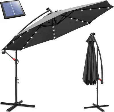 Image de Parasol Izrielar 3,5 m gris avec éclairage LED, parasol de jardin avec manivelle, protection solaire UV 50+, inclinable et résistant au vent, pied en croix inclus