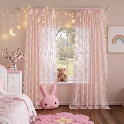 Produktbild von Set aus 2 dekorativen Blumenkordongordinen mit Faltenband in hellrosa 140 x 245 cm