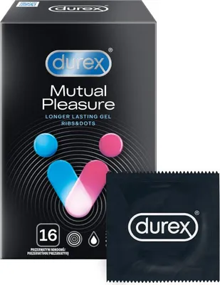 A box of Durex Mutual Pleasure condoms and one individual condom wrapper.