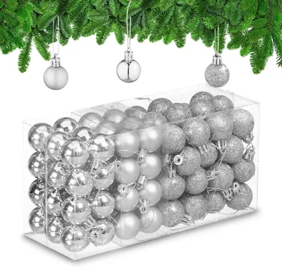 Produktbild von Set mit 96 Weihnachtskugeln – Matte Oberfläche, glänzend mit Glitzer – Kunststoff – 3 cm – Weihnachtsbaumdekoration – Silber