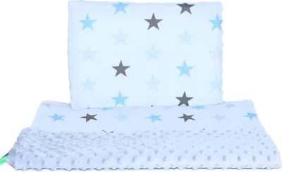 Produktbild von Minky Baby Kinderwagenset Kuscheldecke Kinder Decke Kissen 50 x70 cm 10. Star Blau + Grau
