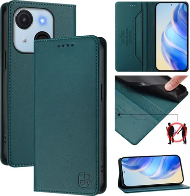 Image de Etui en cuir pour itel A50C, étui à rabat avec fentes pour cartes, portefeuille et support Vert foncé