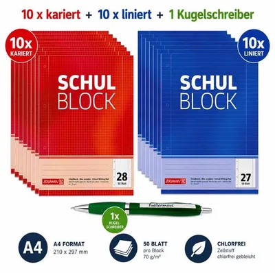 Produktbild von SPARPACK BRUNNEN Schulblock A4 10x liniert + 10 x kariert - gelocht, mit Rand + Kugelschreiber
