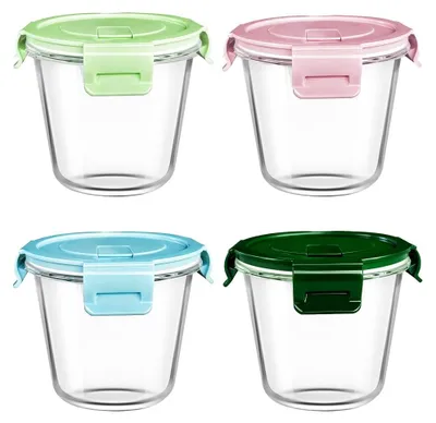 Produktbild von Set aus 4 Glasbehältern mit Deckel, Suppengläser, Vorratsgläser, spülmaschinen-, mikrowellen- und gefriergeeignet, BPA-frei.