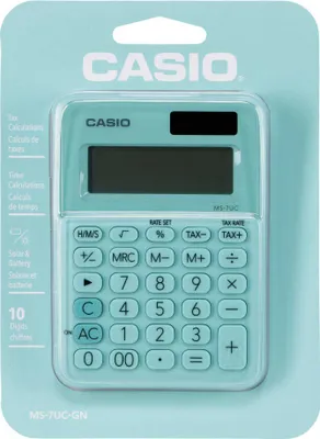 Obrázek produktu pro CASIO MS 7 UC GN Stolní kalkulačka, 10-místný velký LCD displej, výpočet procent, zisku, DPH, odmocniny, výpočty s časem, duální napájení