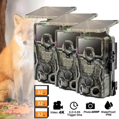 Obrázek produktu pro 3 ks kamera pro divokou zvěř 4K 48P WLAN solární kamera pro divokou zvěř s 2600mAh baterií a detektorem pohybu s nočním viděním 0,2s spouštěcí čas Včetně 32GB karty